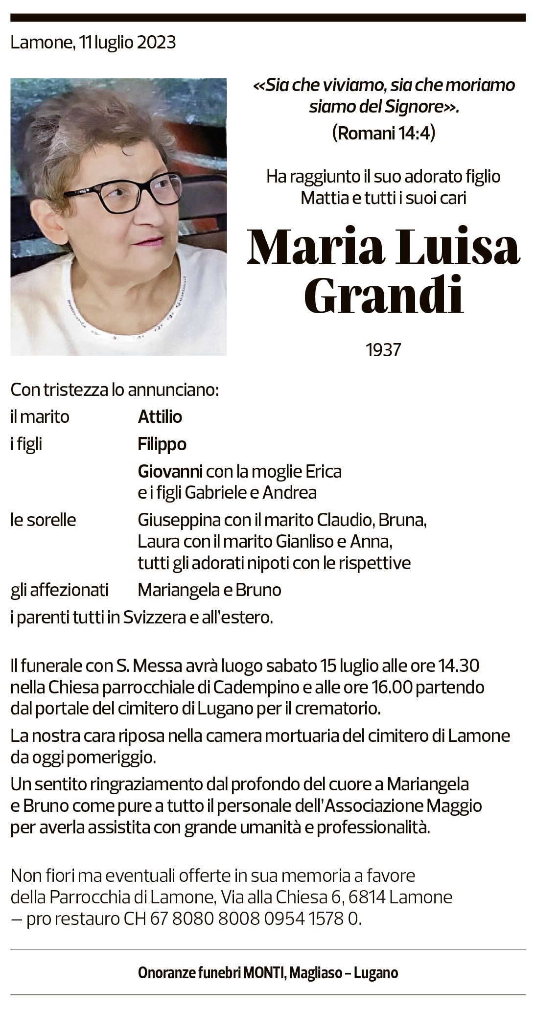 Annuncio funebre Maria Luisa Grandi