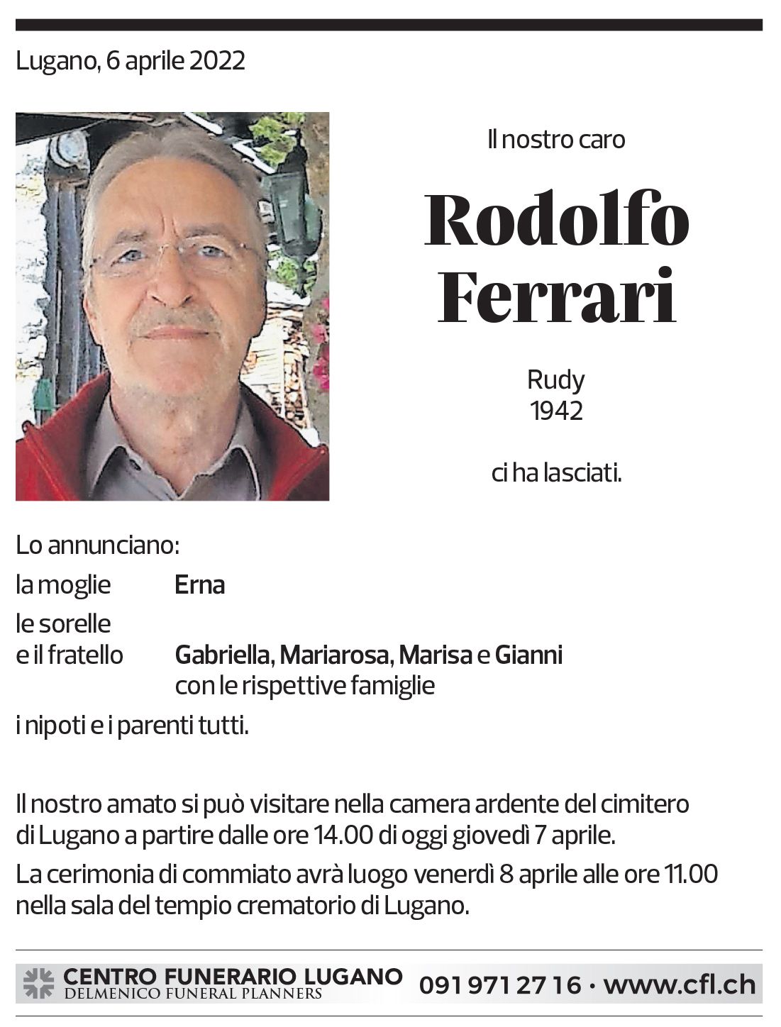 Annuncio funebre Rodolfo Ferrari