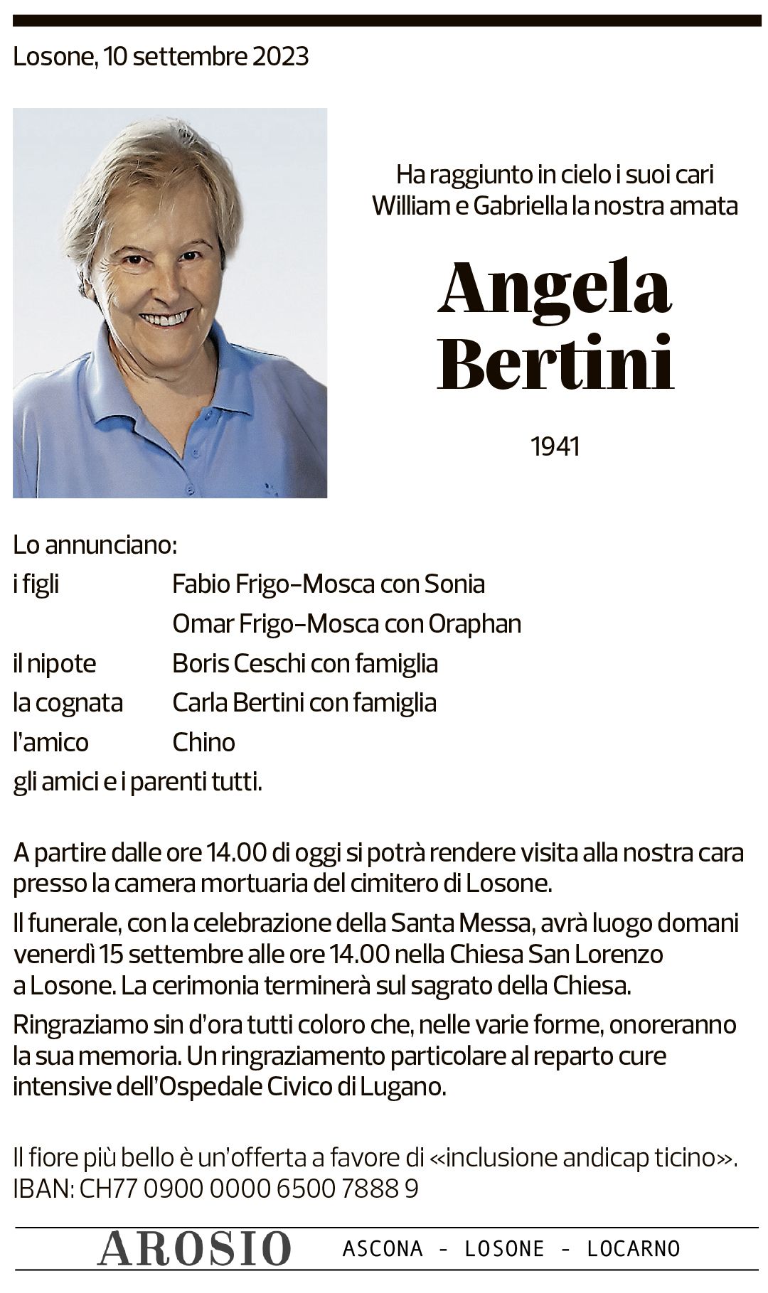 Annuncio funebre Angela Bertini