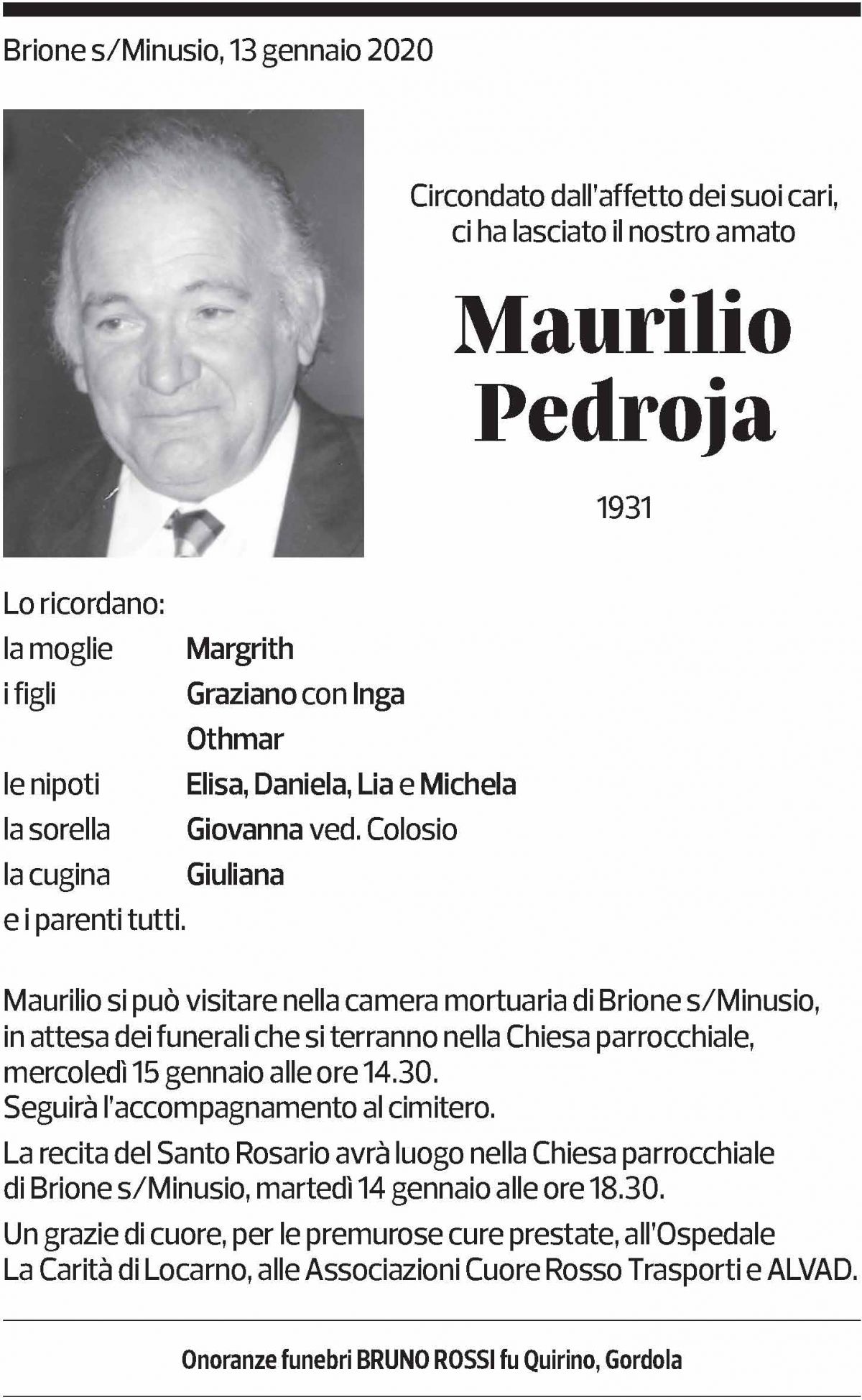 Annuncio funebre Maurilio Pedroja