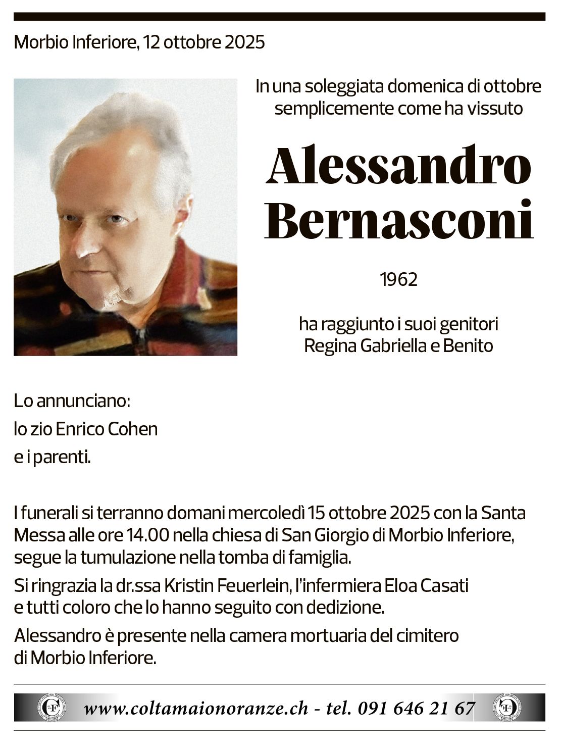 Annuncio funebre Alessandro Bernasconi