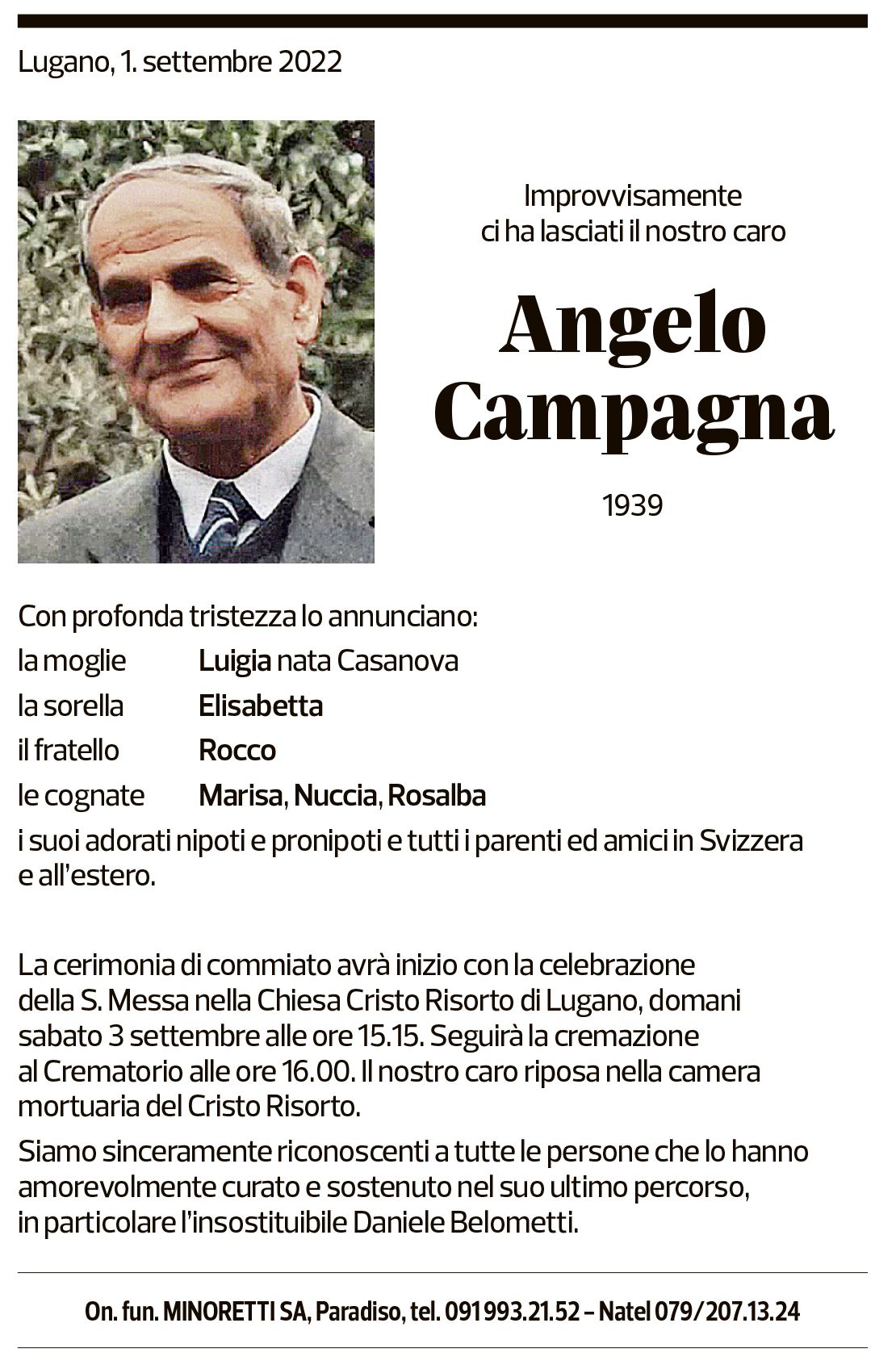 Annuncio funebre Angelo Campagna