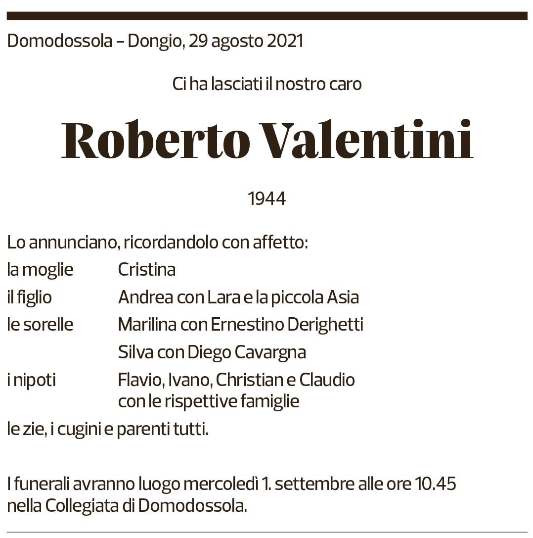 Annuncio funebre Roberto Valentini