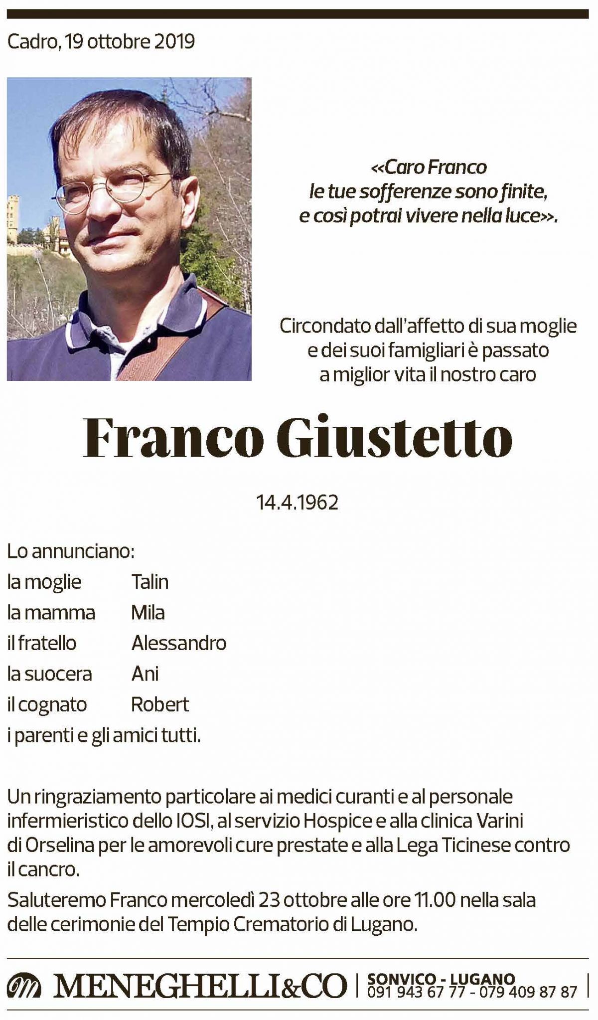 Annuncio funebre Franco Giustetto