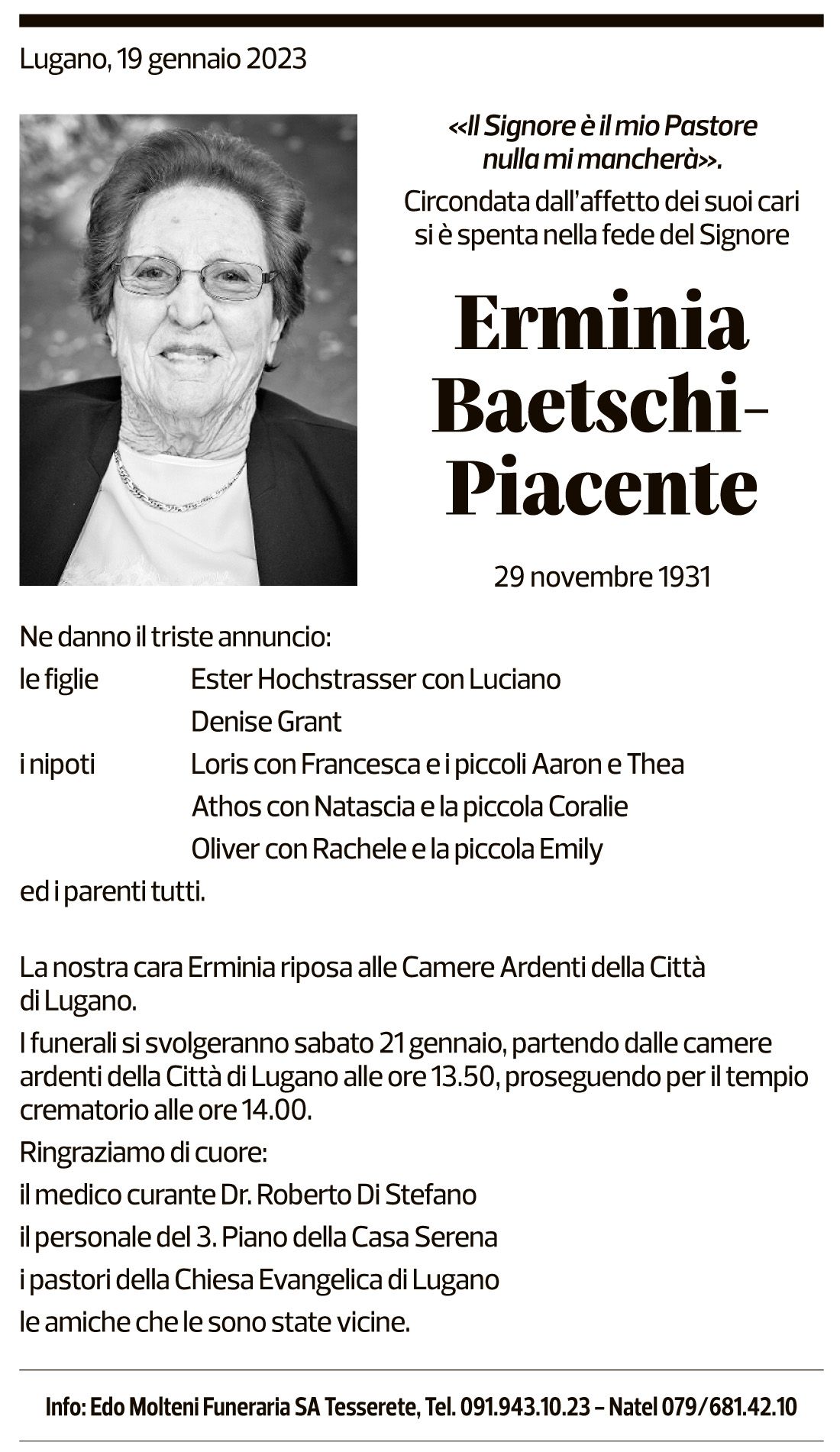 Annuncio funebre Erminia Baetschi-piacente