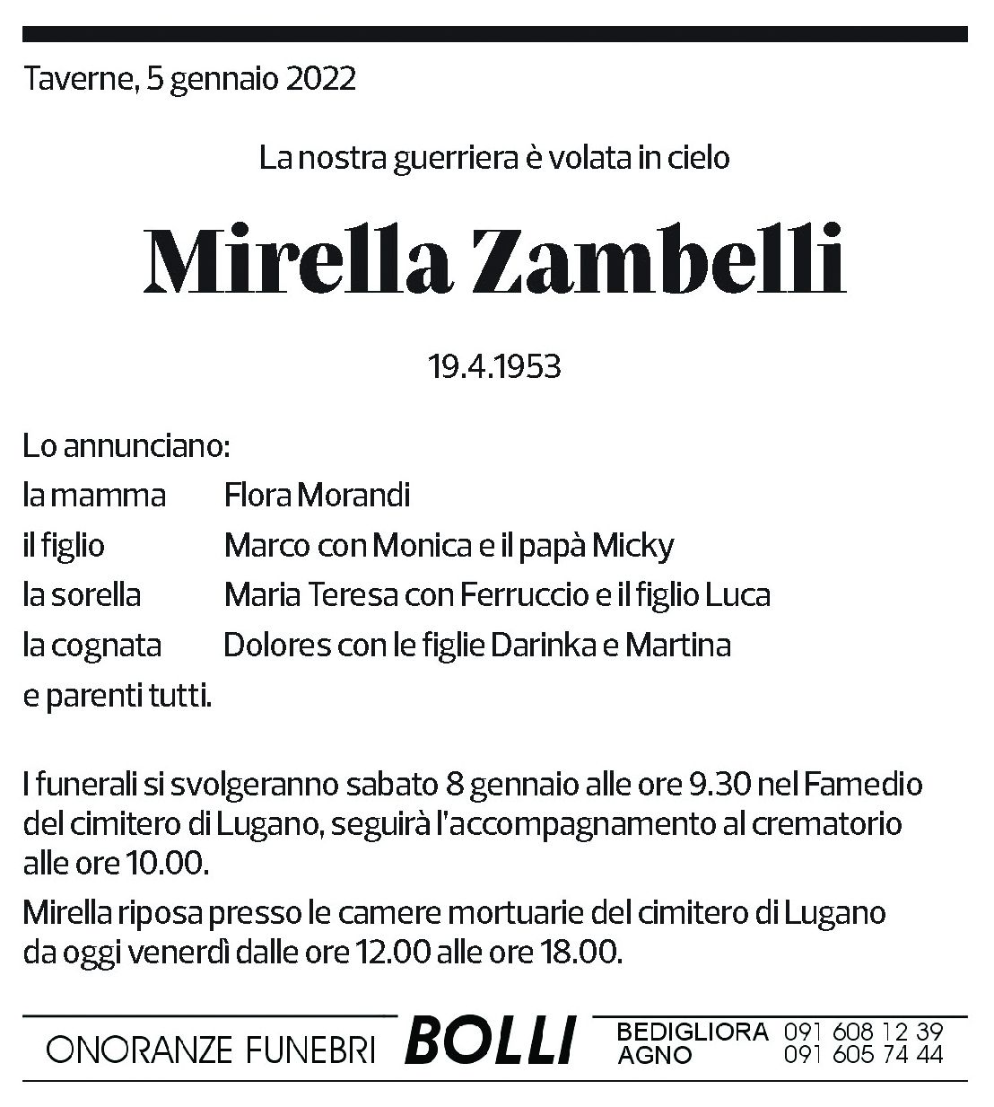 Annuncio funebre Mirella Zambelli