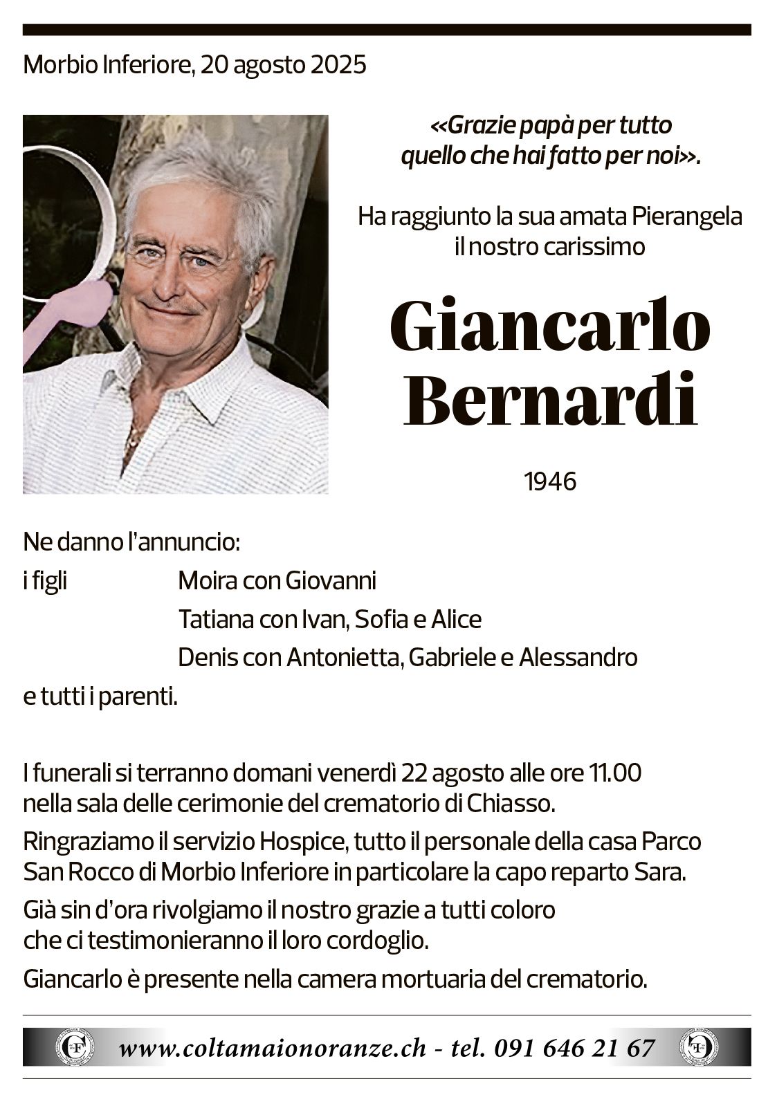 Annuncio funebre Giancarlo Bernardi