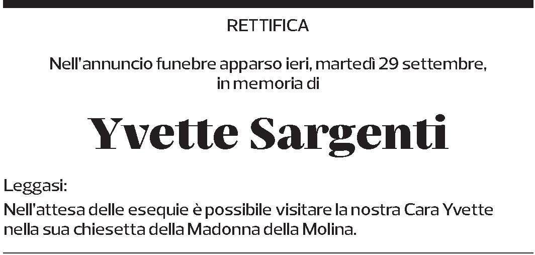 Annuncio funebre Yvette Sargenti