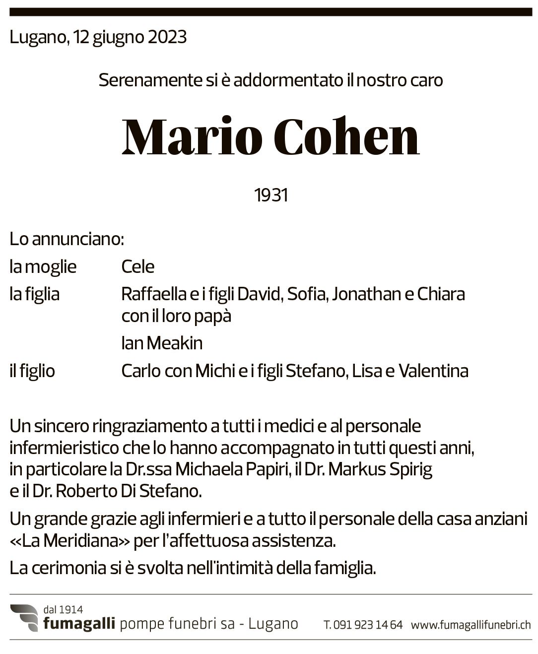 Annuncio funebre Mario Cohen