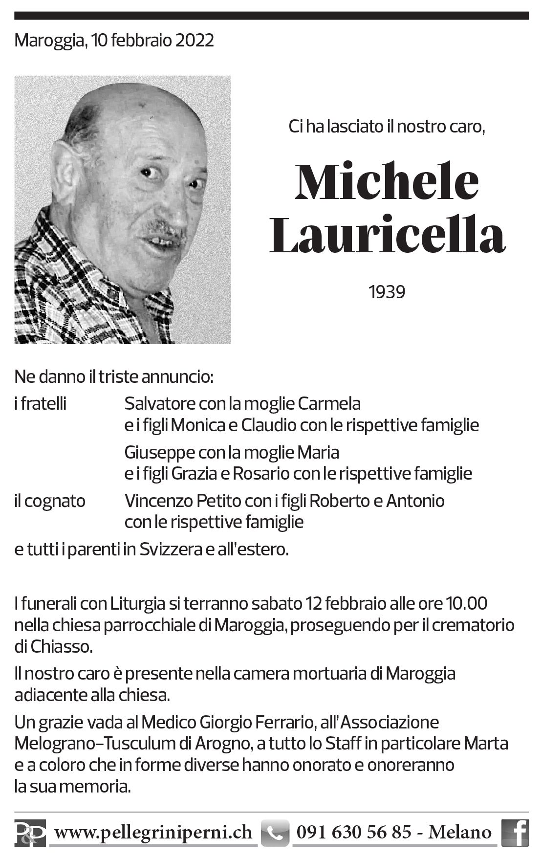 Annuncio funebre Michele Lauricella