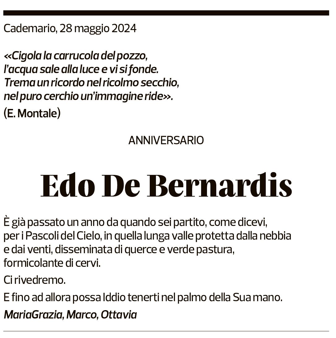 Annuncio funebre Edo De Bernardis