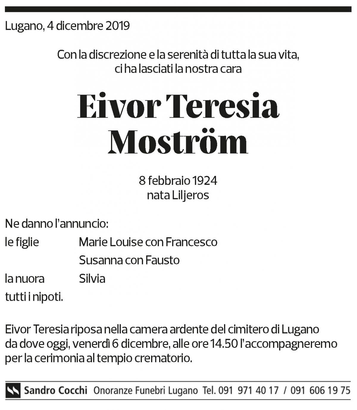 Annuncio funebre Eivor Teresia Moström