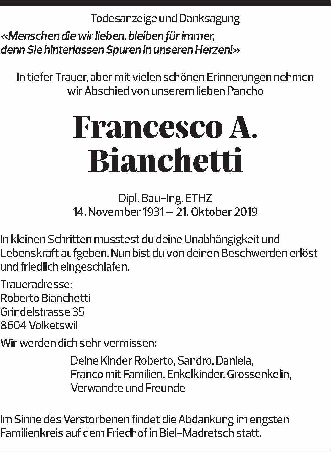 Annuncio funebre Francesco A. Bianchetti