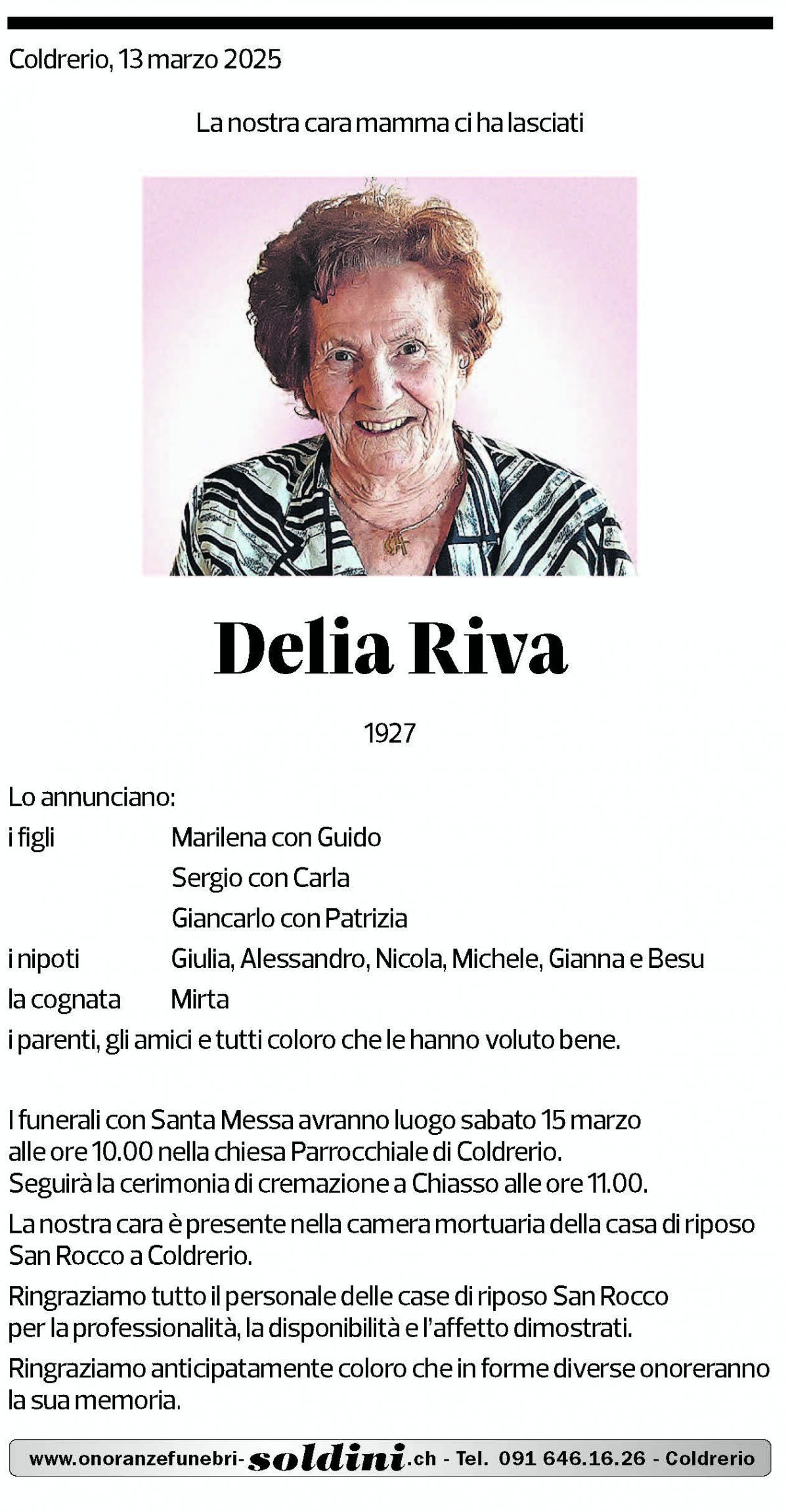 Annuncio funebre Delia Riva