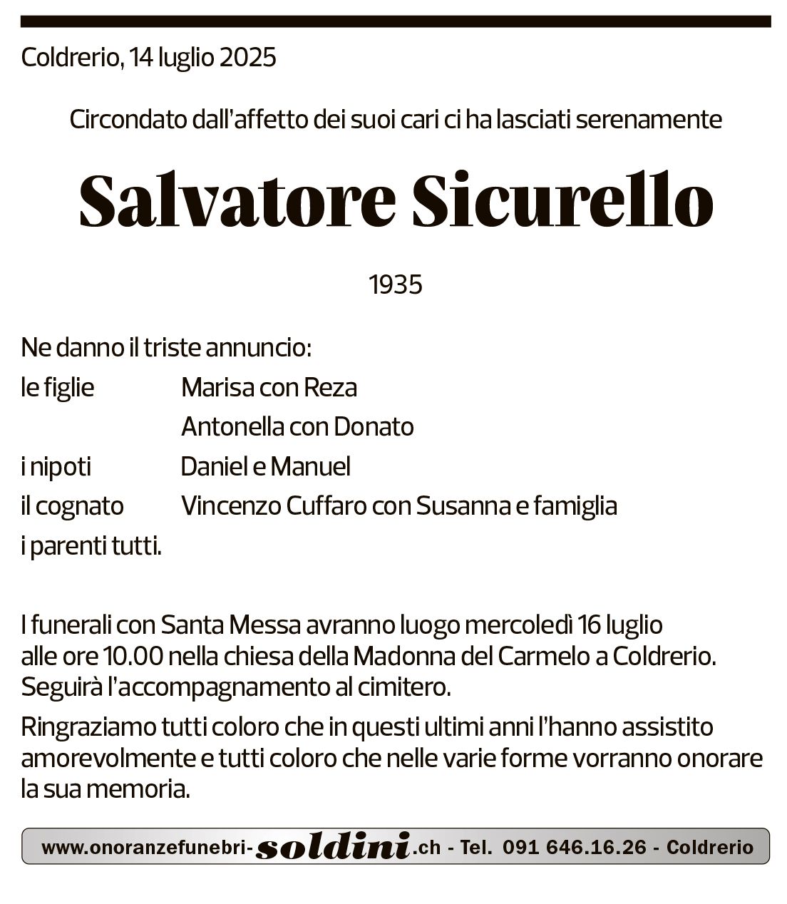 Annuncio funebre Salvatore Sicurello