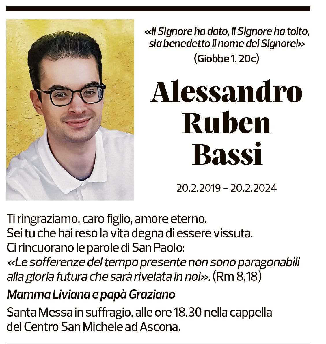 Annuncio funebre Alessandro Ruben Bassi