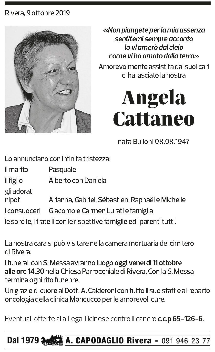 Annuncio funebre Angela Cattaneo