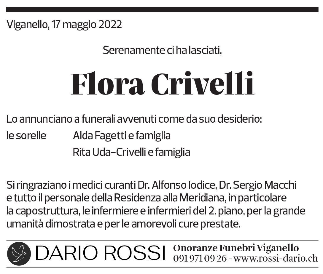 Annuncio funebre Flora Crivelli