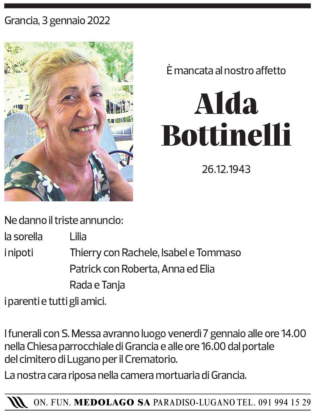 Annuncio funebre Alda Bottinelli