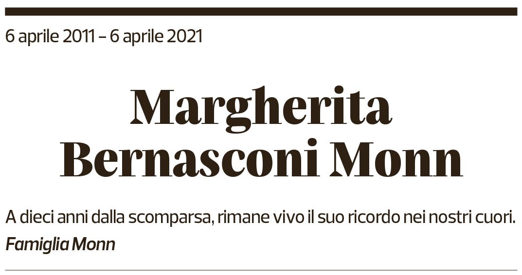 Annuncio funebre Margherita Bernasconi Monn