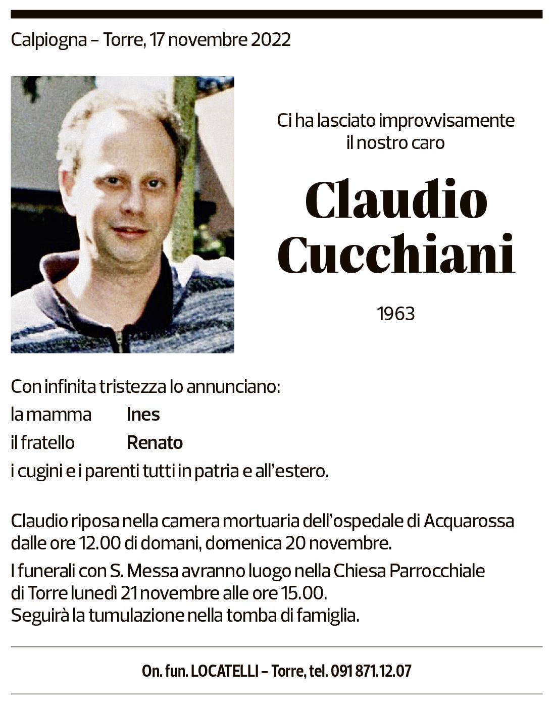 Annuncio funebre Claudio Cucchiani