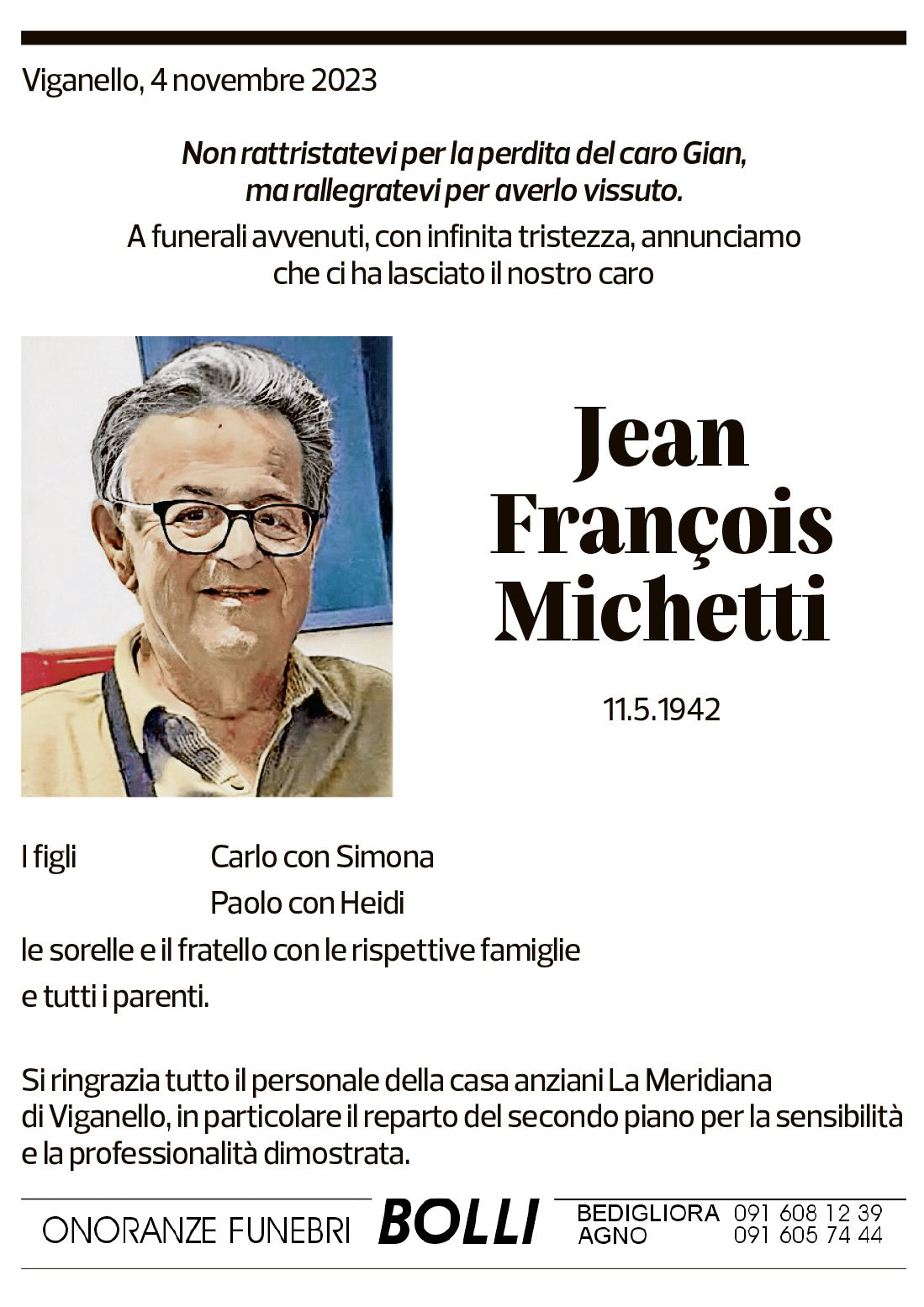 Annuncio funebre Jean Francois Michetti