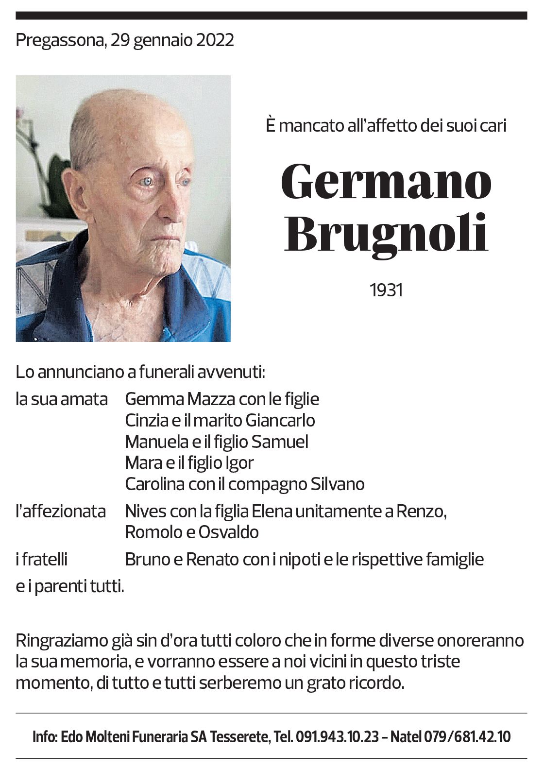 Annuncio funebre Germano Brugnoli