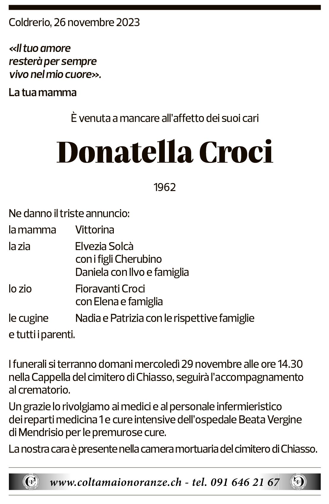 Annuncio funebre Donatella Croci