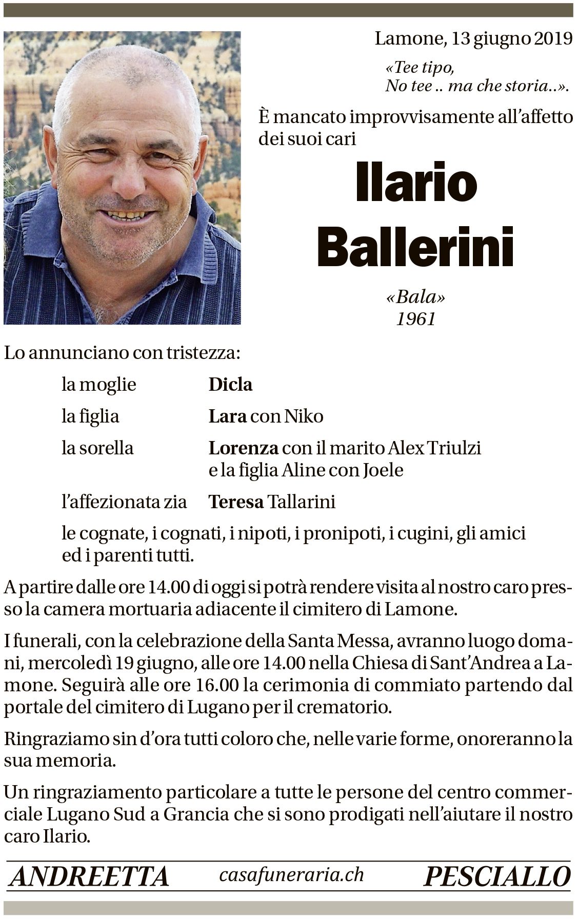 Annuncio funebre Ilario Ballerini