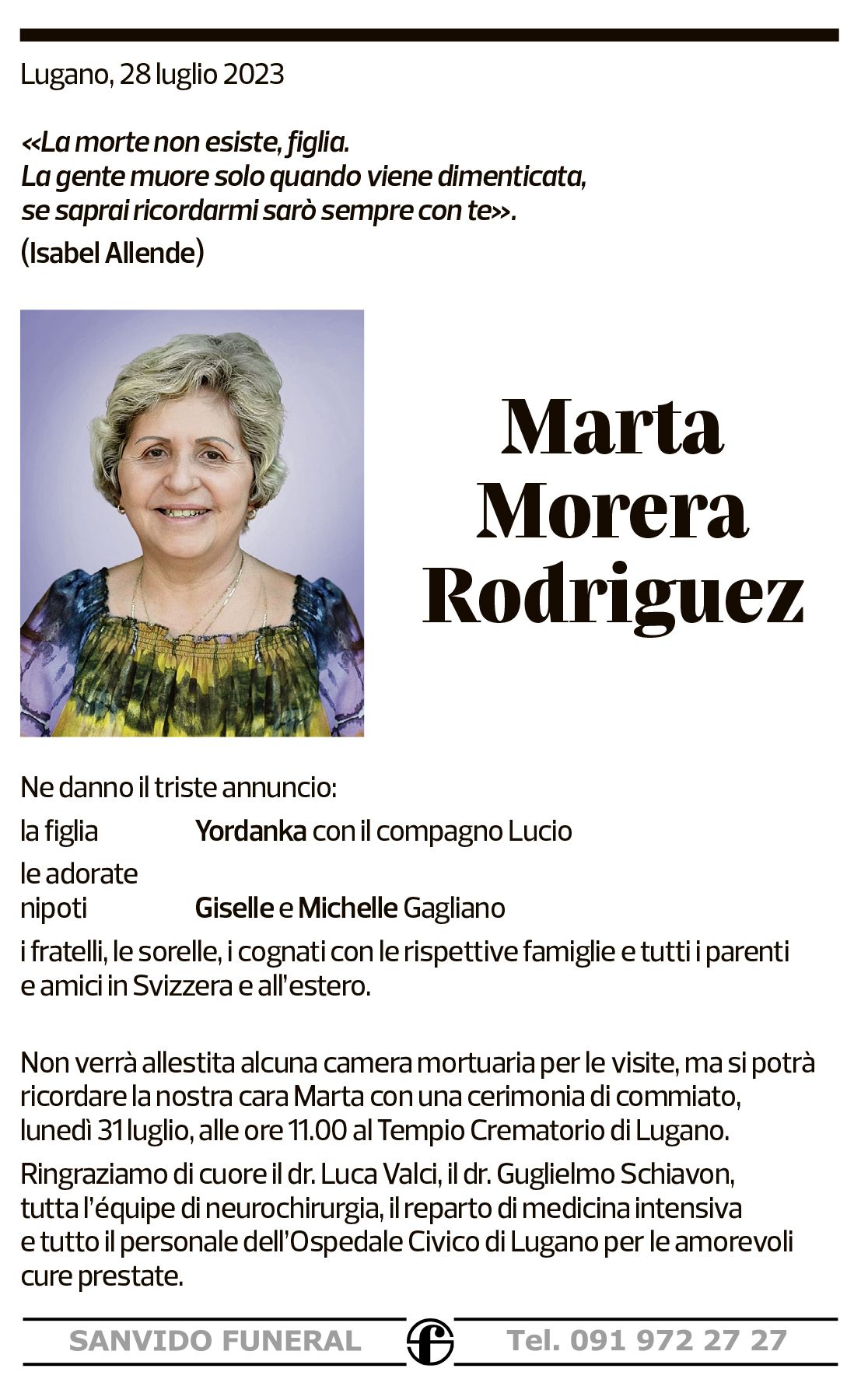 Annuncio funebre Marta Morera Rodriguez