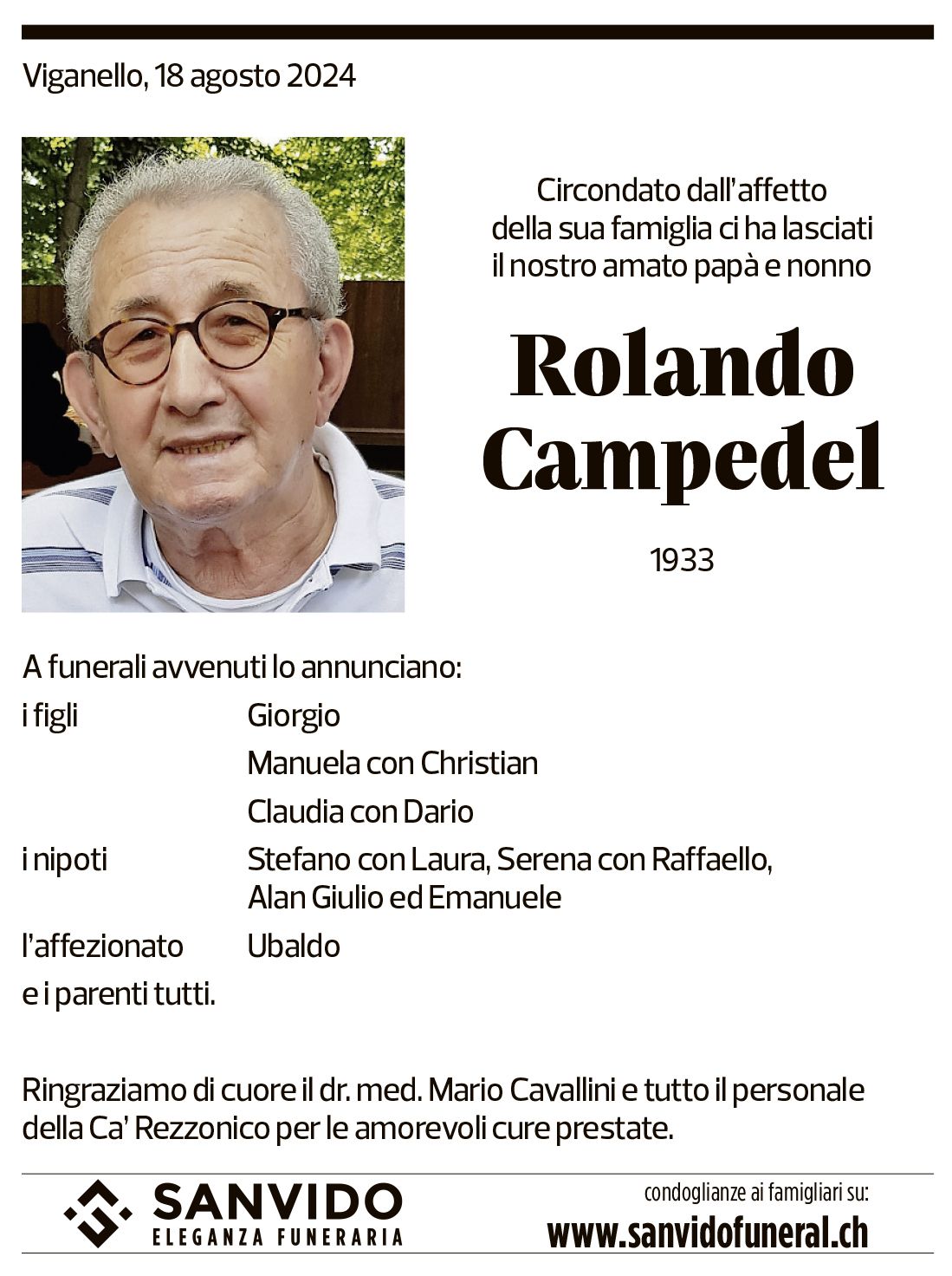 Annuncio funebre Rolando Campedel