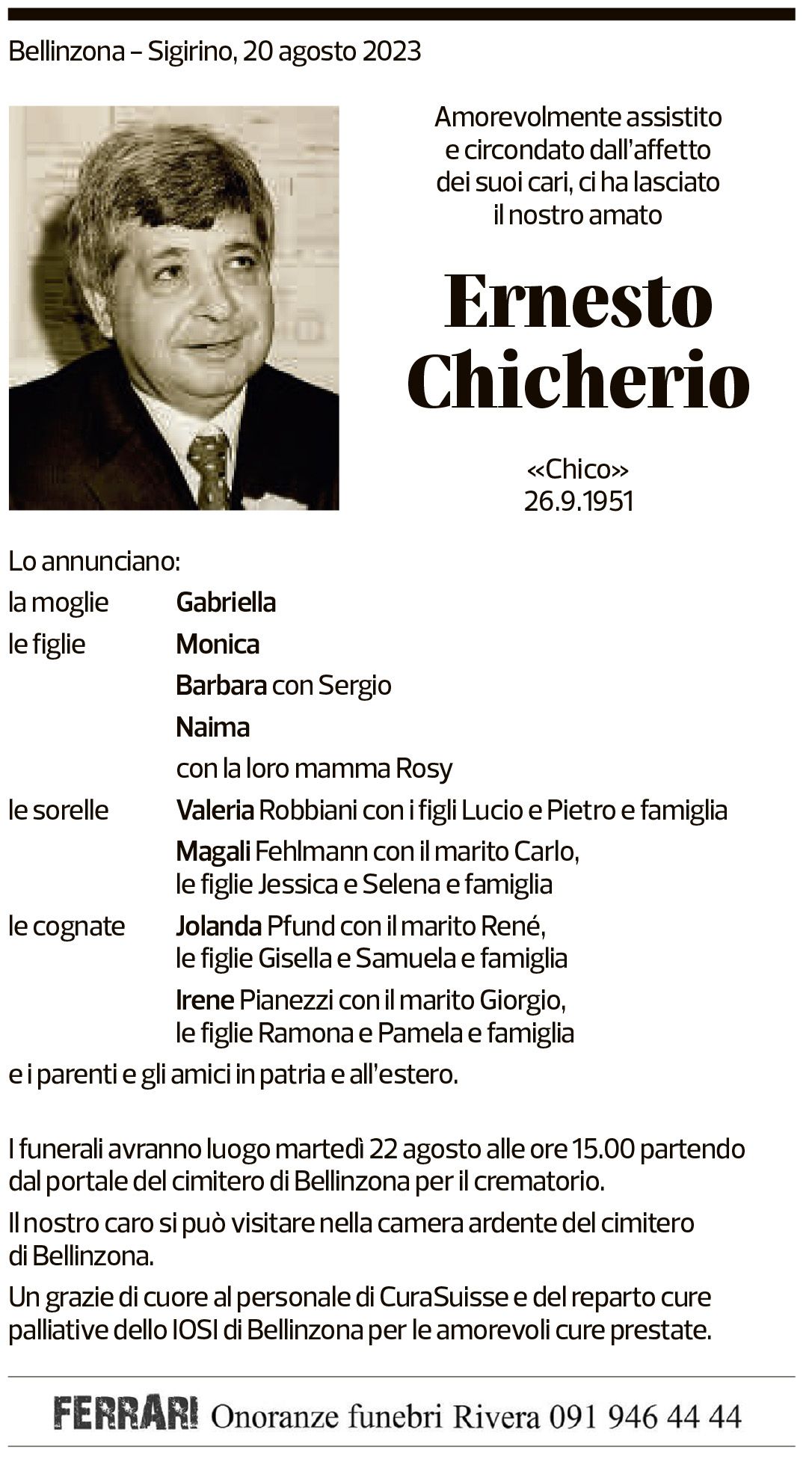 Annuncio funebre Ernesto Chicherio