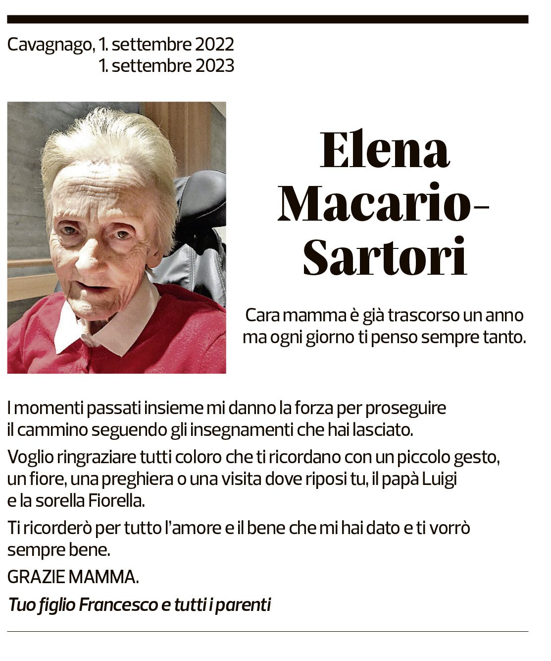 Annuncio funebre Elena Macario-sartori