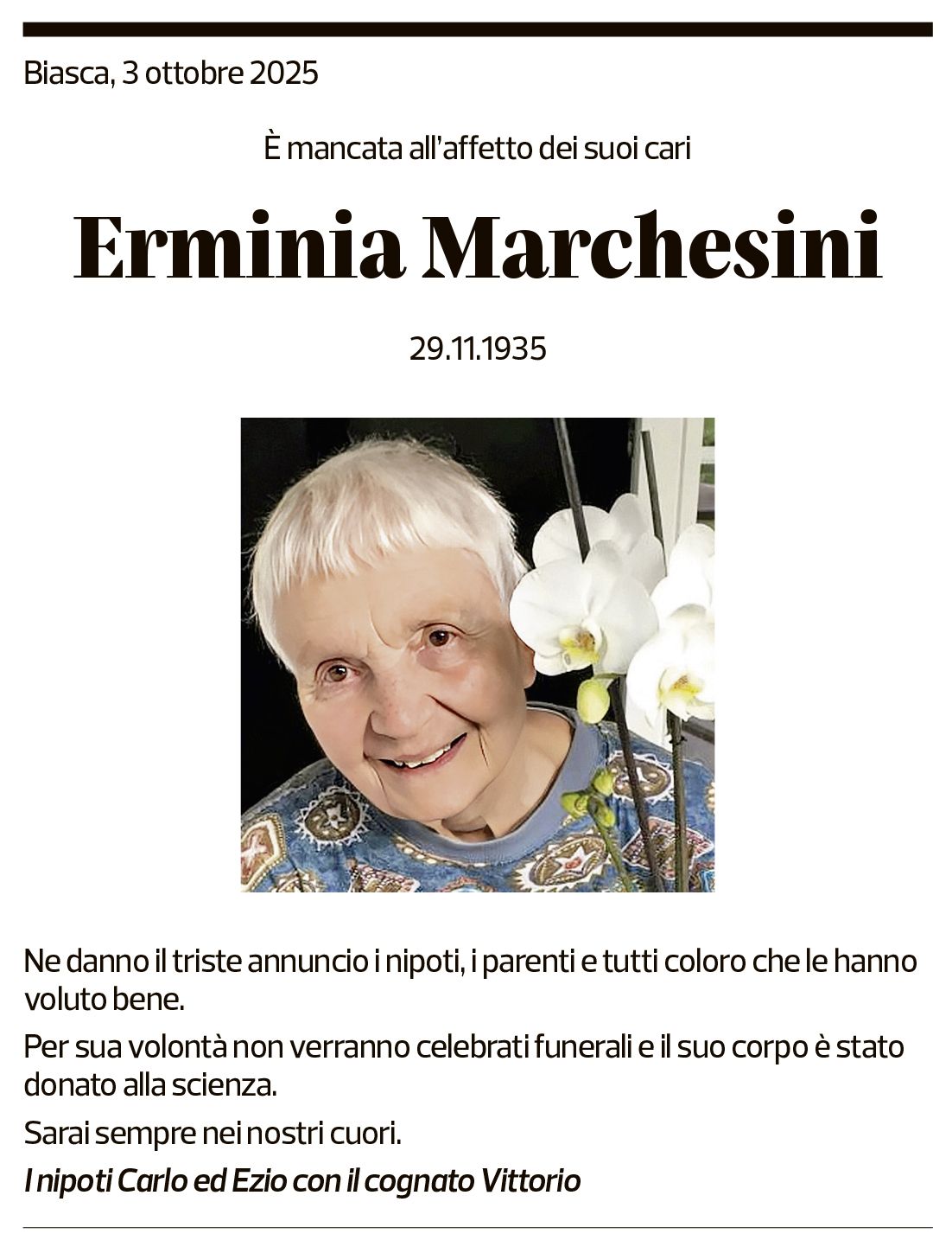 Annuncio funebre Erminia Marchesini