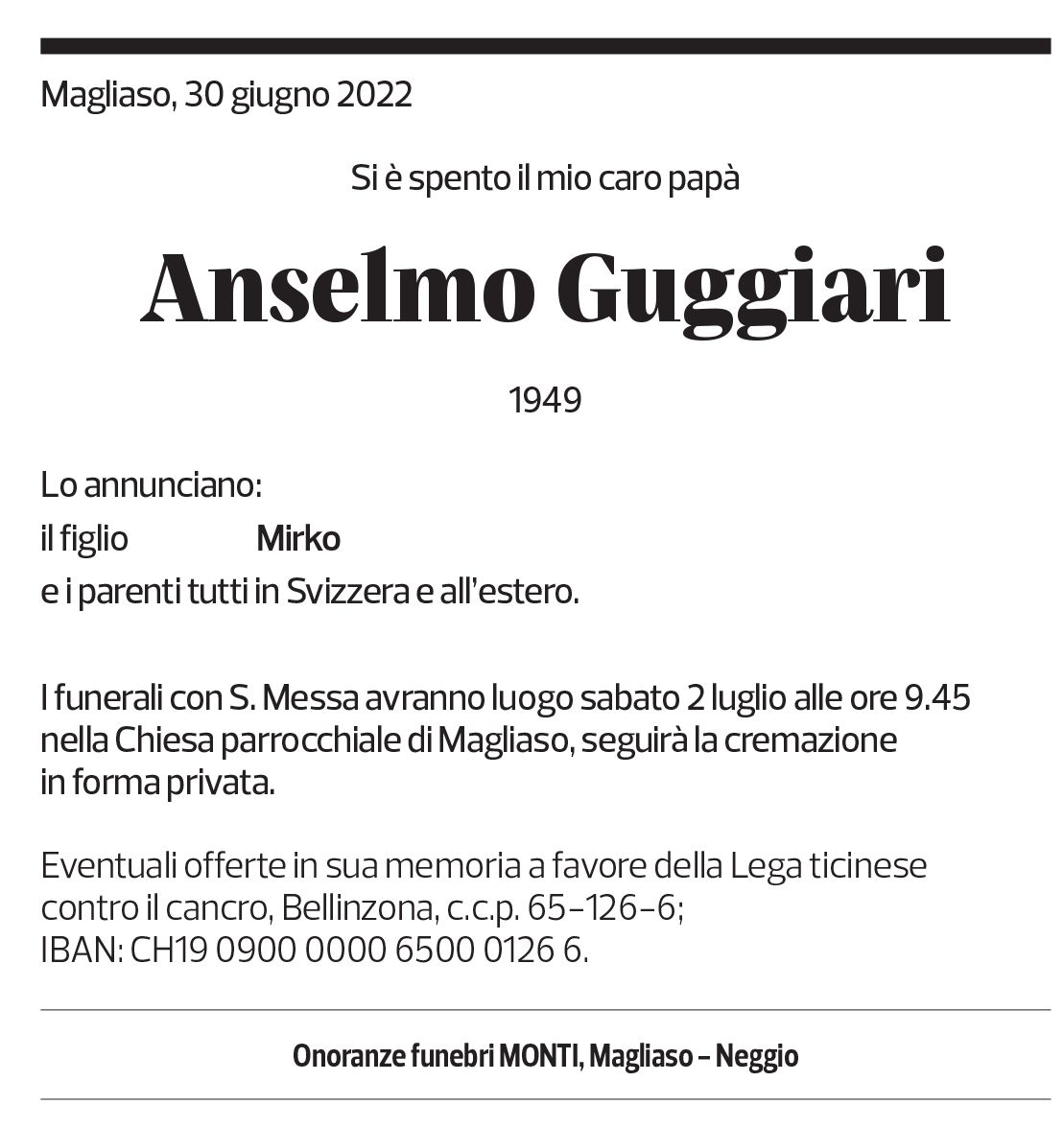 Annuncio funebre Anselmo Guggiari