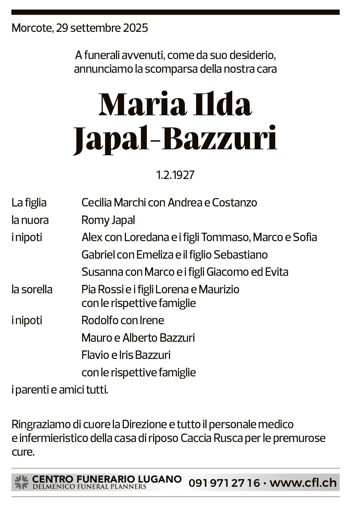 Annuncio funebre Maria Ilda Japal-bazzurri