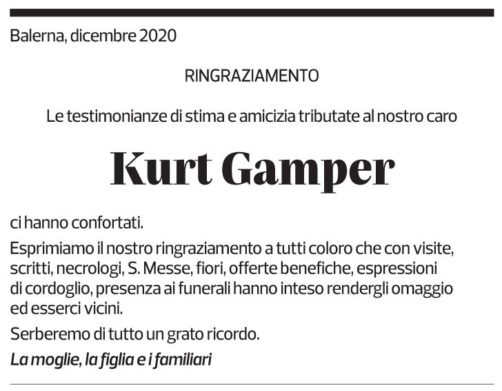Annuncio funebre Kurt Gamper