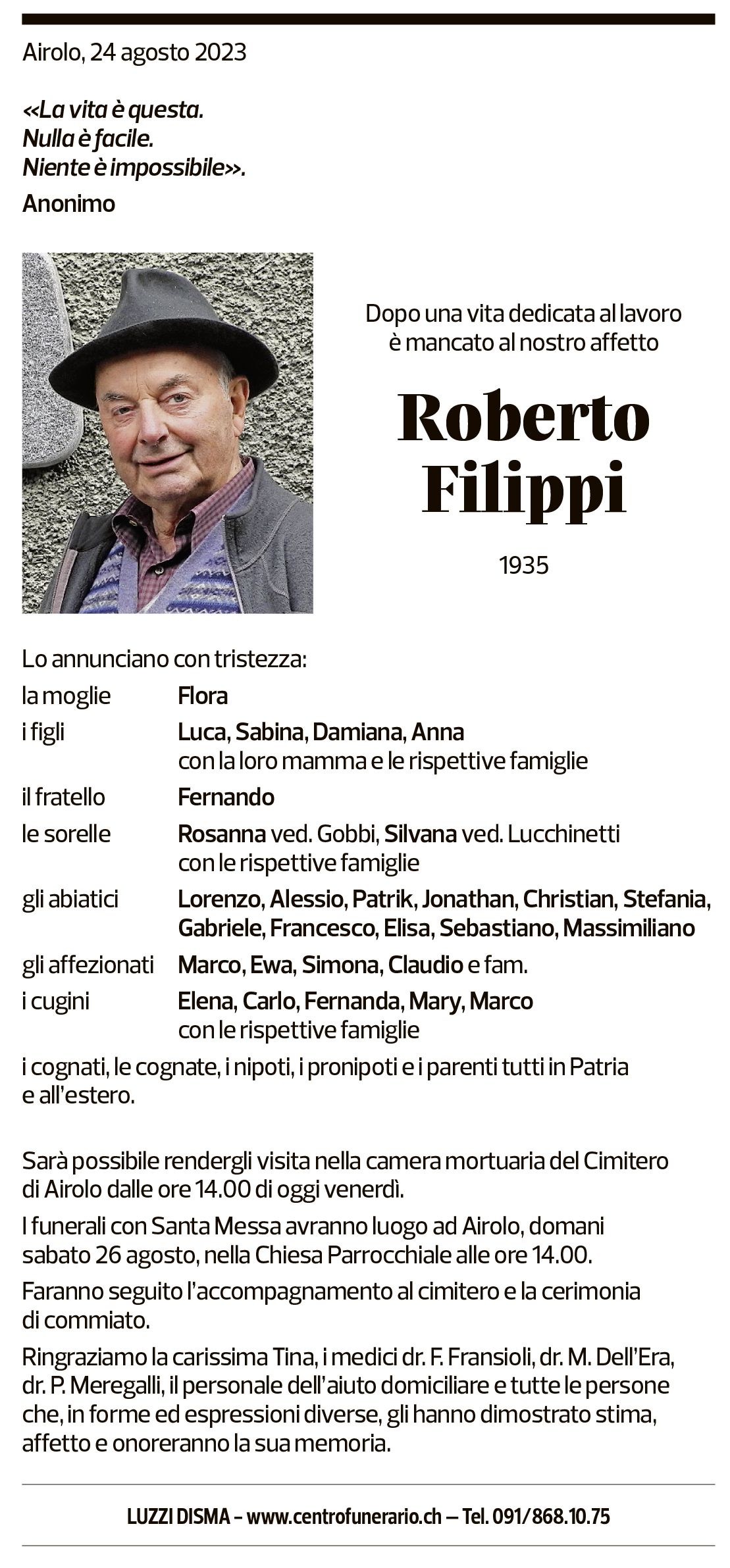 Annuncio funebre Roberto Filippi