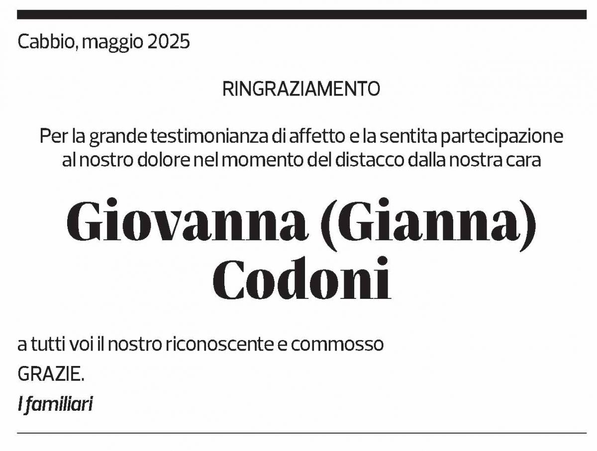 Annuncio funebre Giovanna Codoni