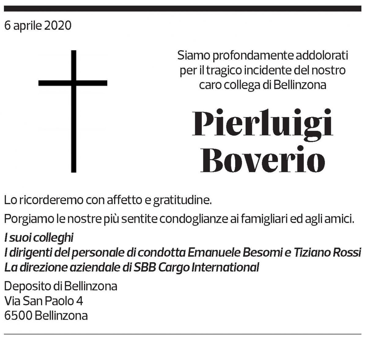 Annuncio funebre Pierluigi Boverio