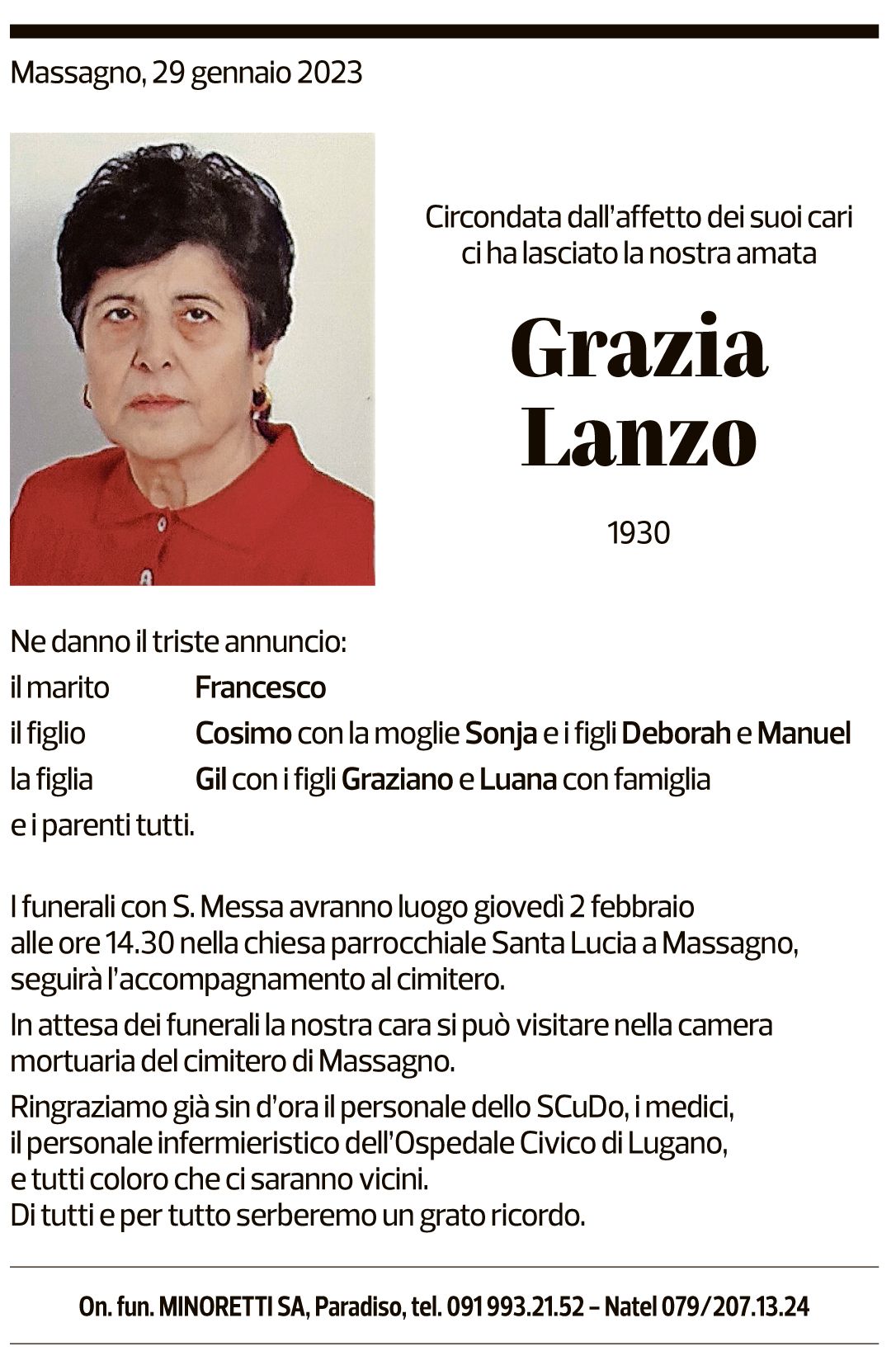 Annuncio funebre Grazia Lanzo