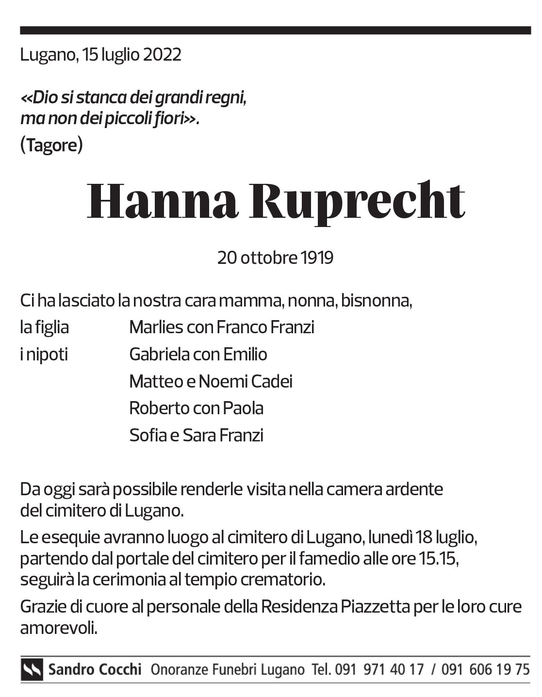 Annuncio funebre Hanna Ruprecht