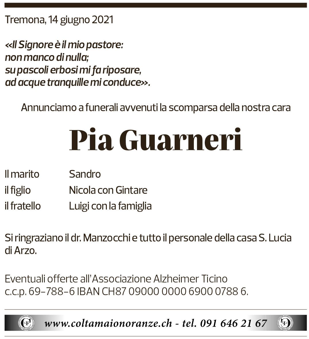 Annuncio funebre Pia Guarnieri