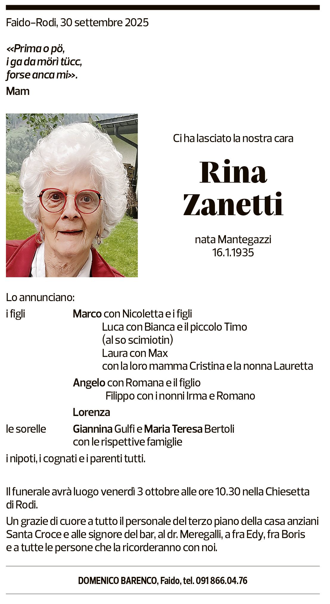 Annuncio funebre Rina Zanetti