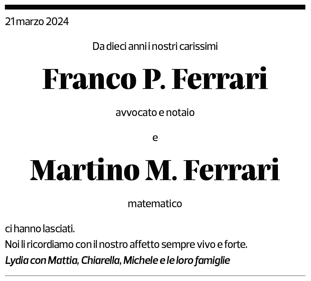 Annuncio funebre Franco E Martino Ferrari