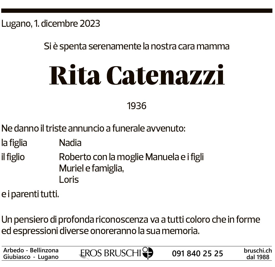 Annuncio funebre Rita Catenazzi