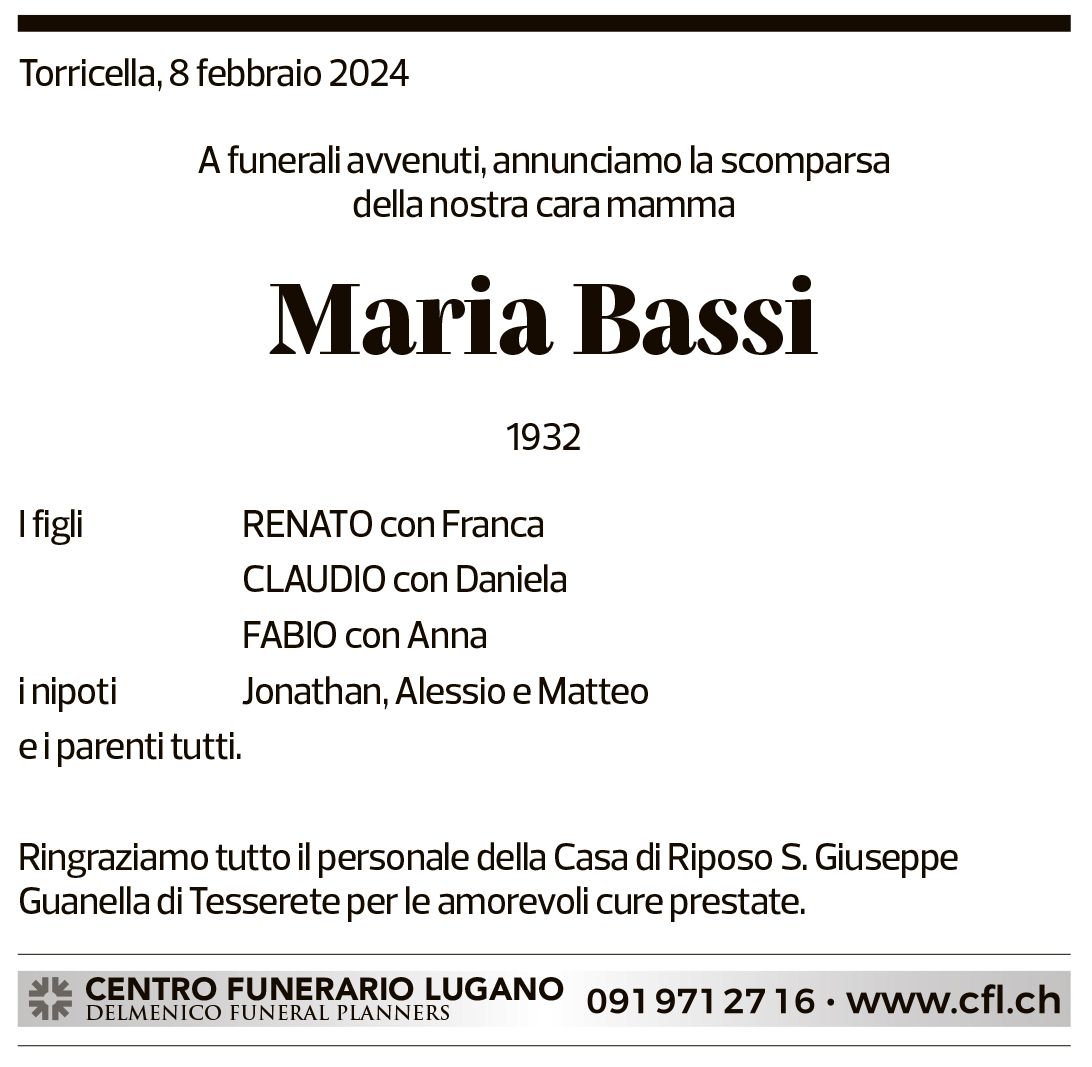 Annuncio funebre Maria Bassi