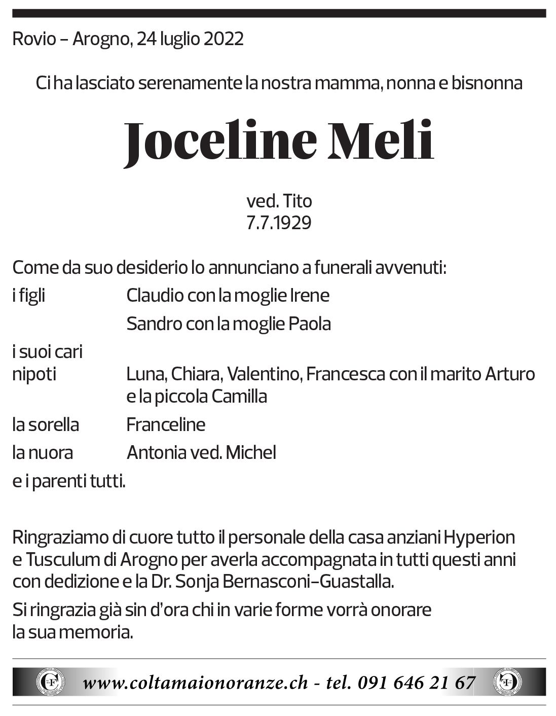 Annuncio funebre Joceline Meli