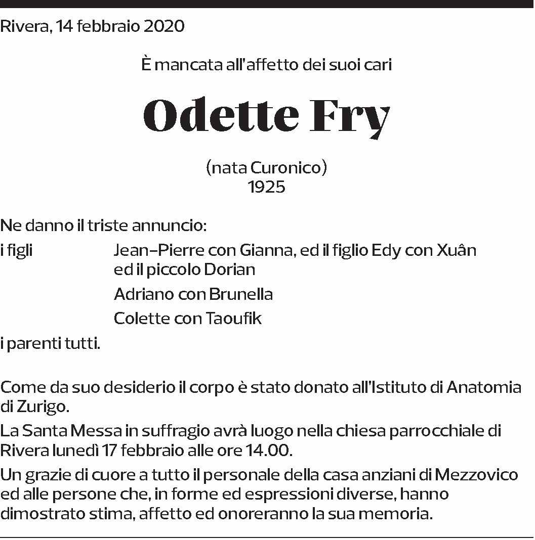 Annuncio funebre Odette Fry
