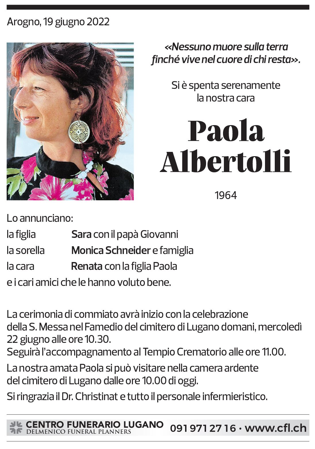 Annuncio funebre Paola Albertolli